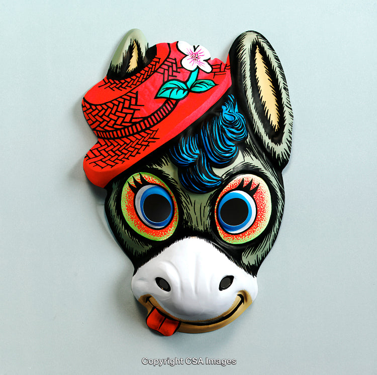 Colorful Donkey-Shaped Carnival Mask With Red Hat and Blue Hair