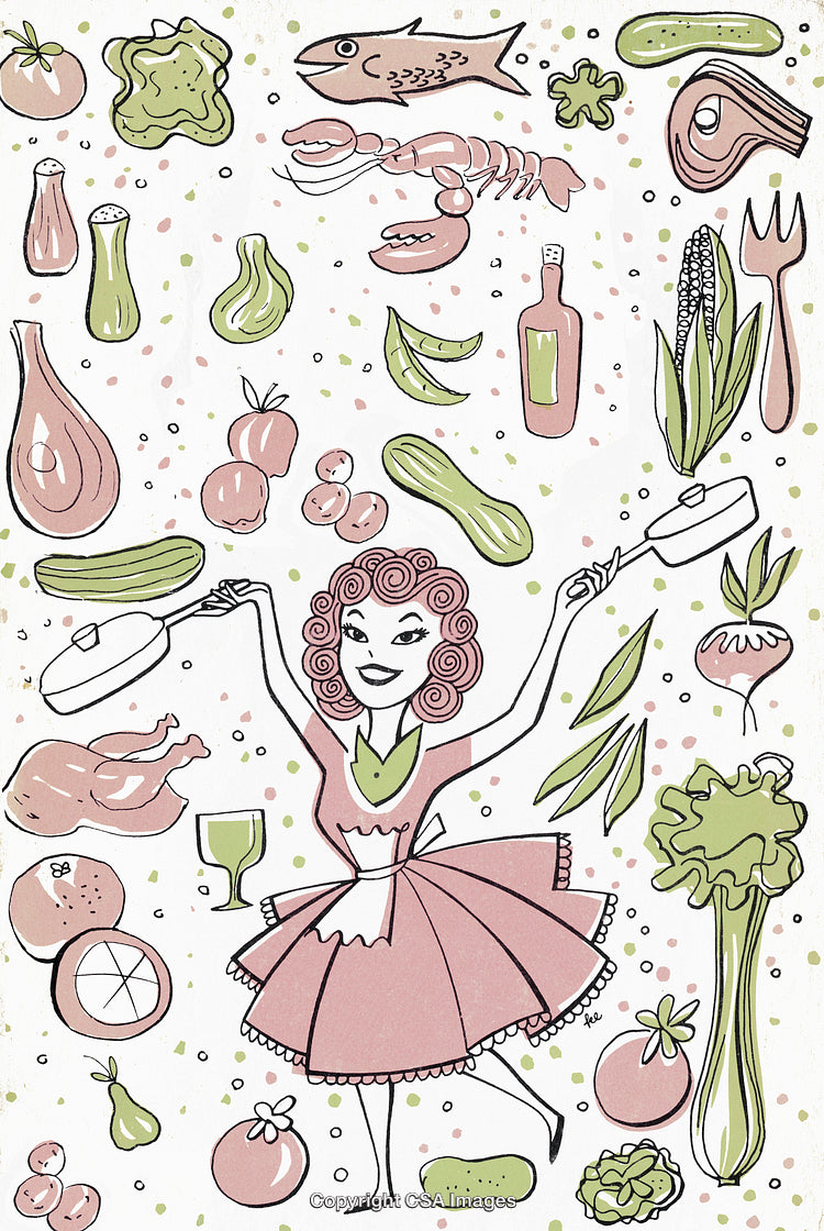 Retro Illustration of a Cook Surrounded by Various Ingredients and Utensils