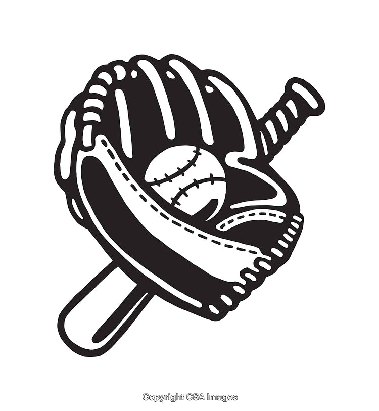 Black and White Line Art of Baseball Elements with Bat and Glove