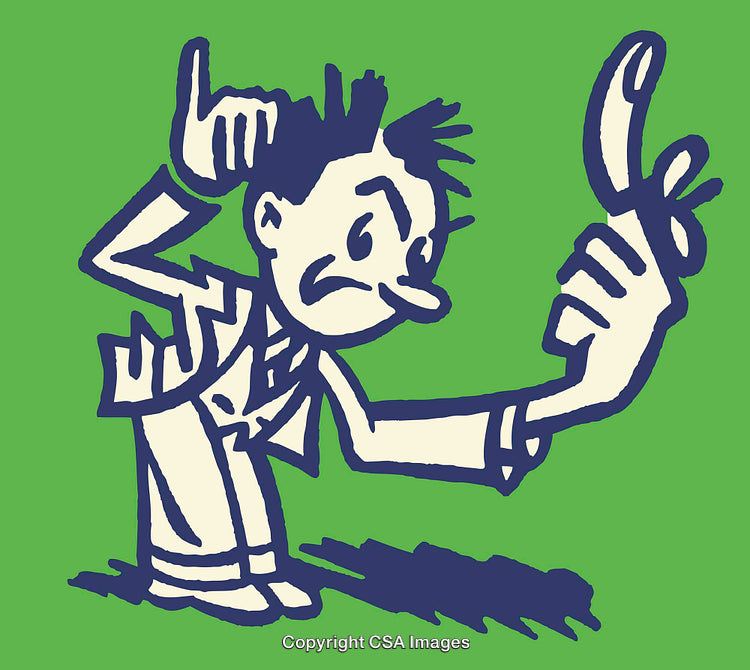 Illustration of a Character Examining a Finger Gesture on Green Background