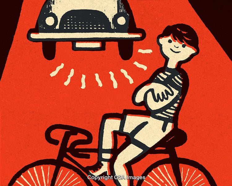 Retro Illustration of a Smiling Cyclist with a Car in the Background