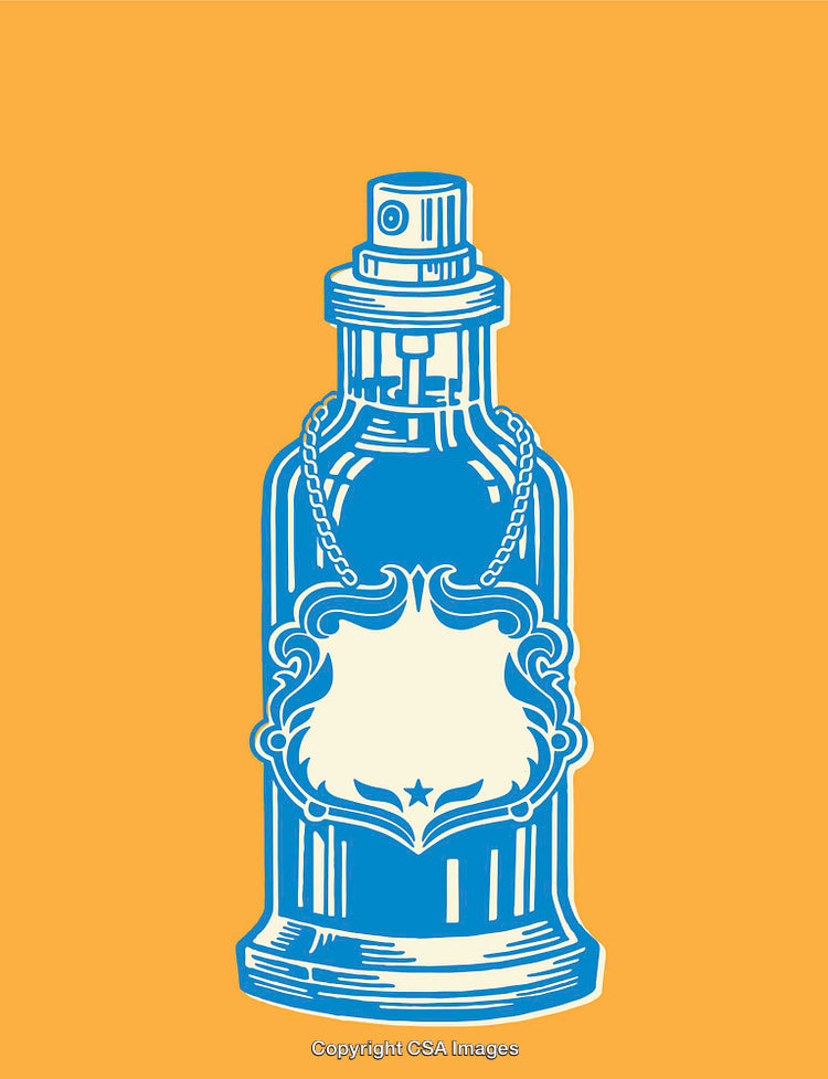 Blue Line Art Illustration of Bottle with Decorative Label on Orange