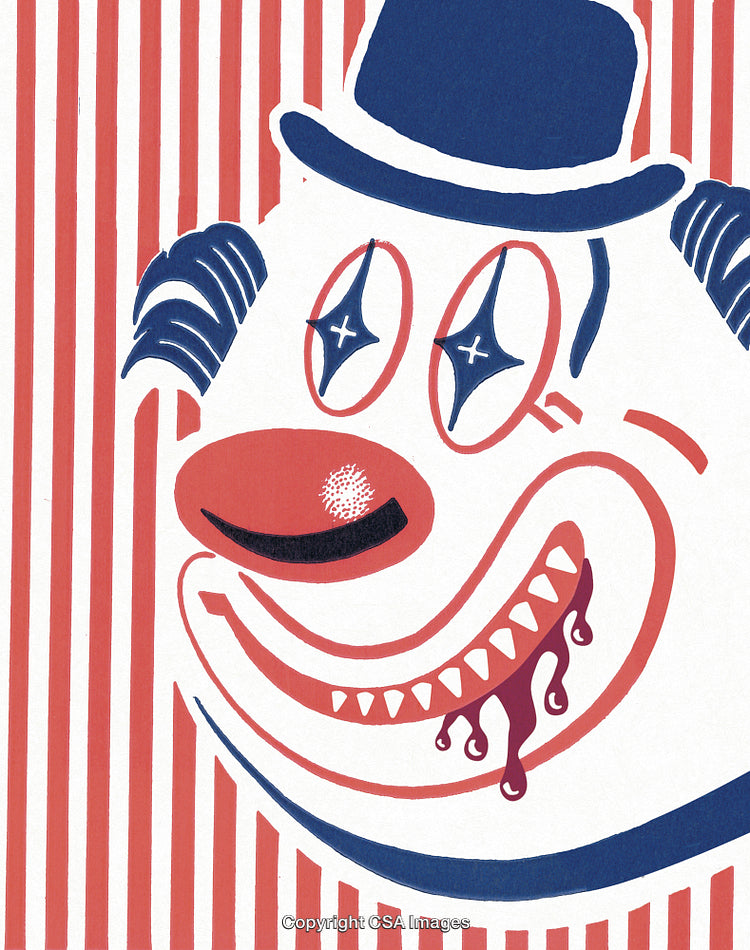 Abstract Clown Artwork Featuring Striped Background in Bold Colors and Stark Design