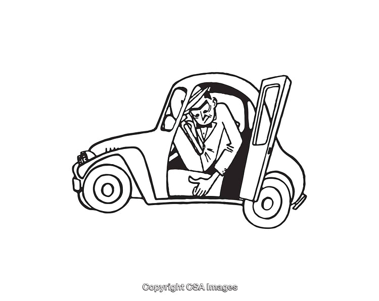 Cartoon Illustration of Man Squeezed Inside a Small Car