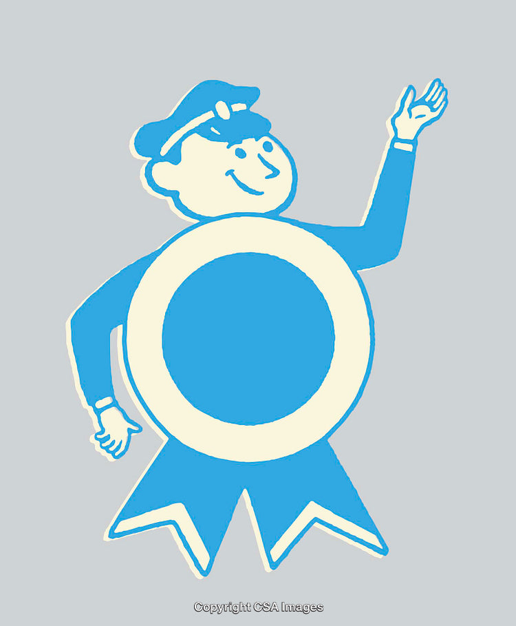 Smiling Character Illustration with Ribbon Motif in Blue and White