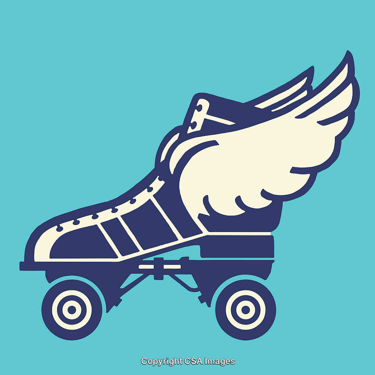 Stylized Roller Skate Illustration Featuring Wing Design on Blue Background