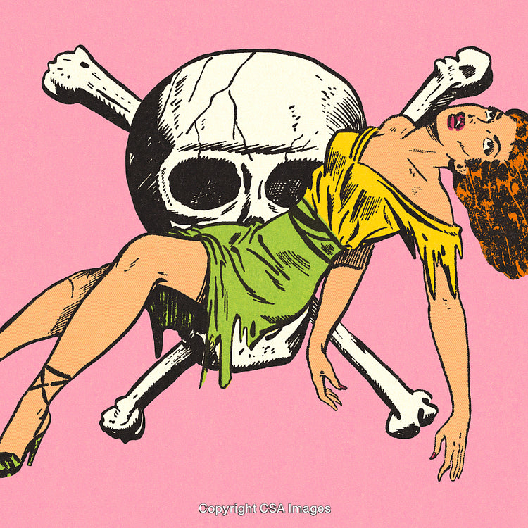 Vivid Comic Illustration of Woman Against Skull Background