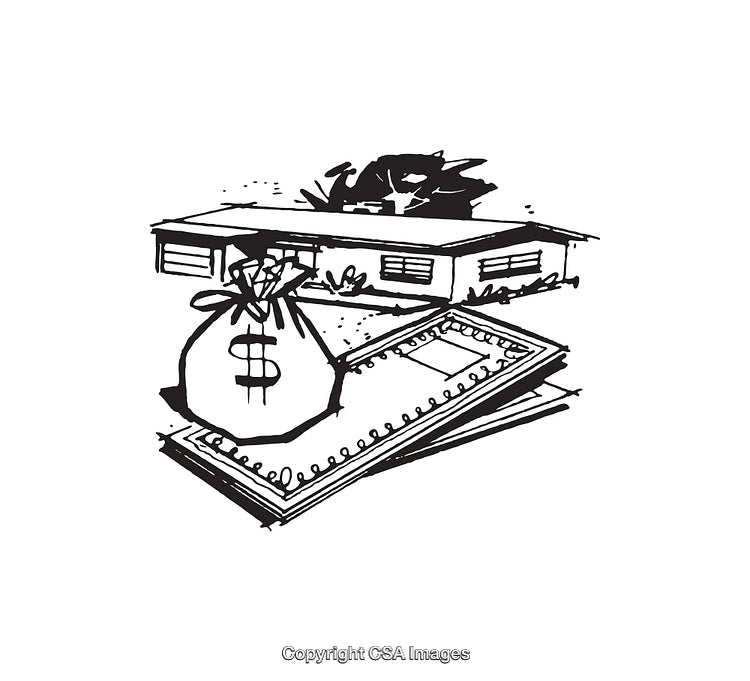 Minimalist Black and White Line Art Depicting Financial Wealth and Property