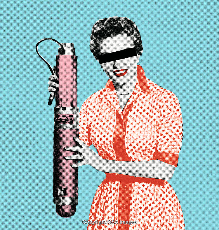 Retro-Style Collage with Woman Holding Unusual Object on Bright Background