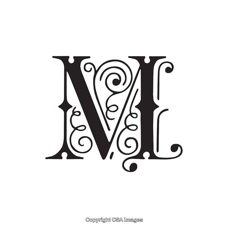 Ornate Black Letter M with Swirling Decorative Details