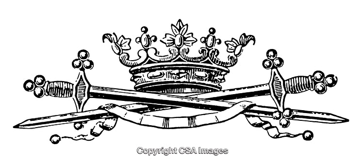 Vintage Engraving of Crown and Crossed Swords Royal Heraldic Symbol
