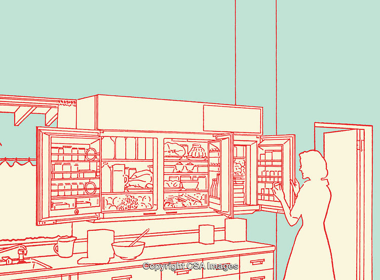 Retro Line Art Illustration of a Woman in Kitchen Interior