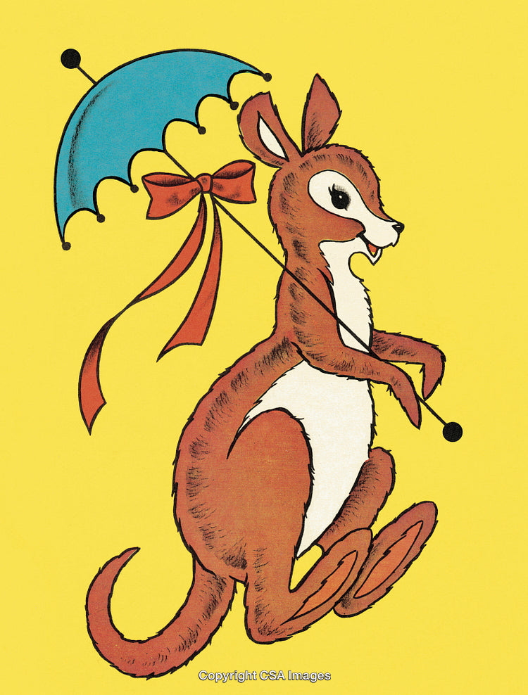 Illustration of a Kangaroo Holding a Colorful Parasol on Yellow Background