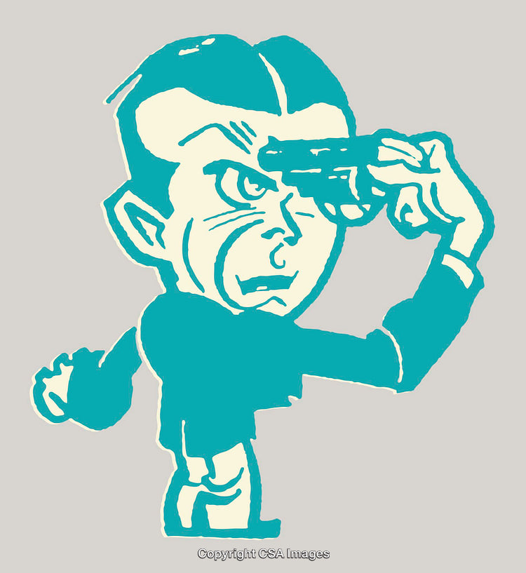 Vintage Styled Cartoon Boy Doing a Comedic Gesture in Teal and Cream