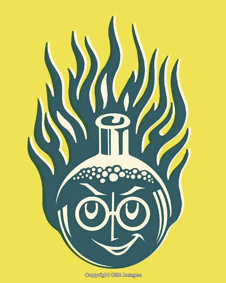 Playful Chemistry Flask with Expressions and Flames on Yellow Background