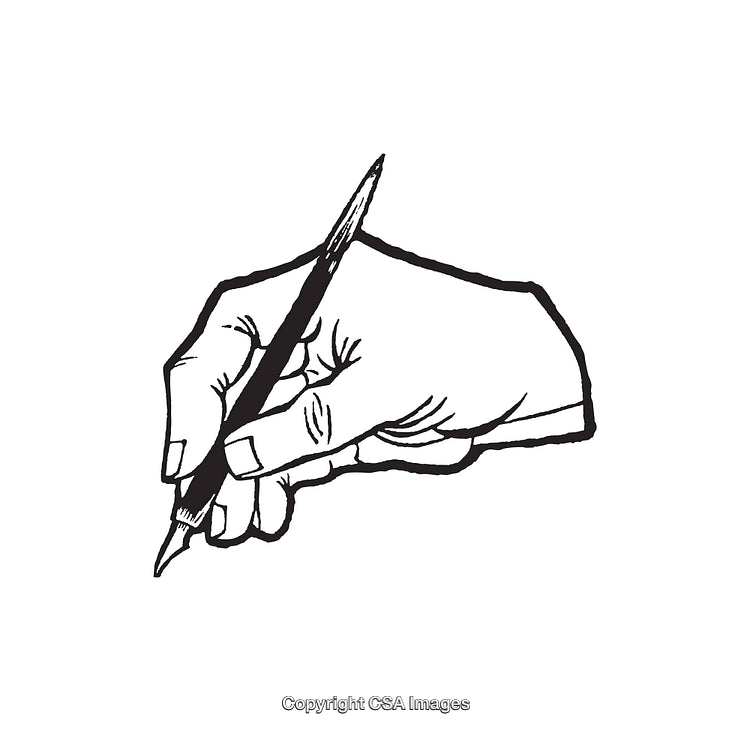 Hand Holding a Pen in Black and White Line Art