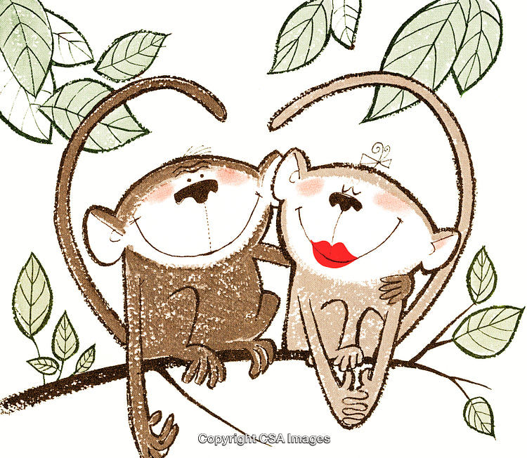 Whimsical Illustration of Monkeys Showing Affection on a Tree Branch