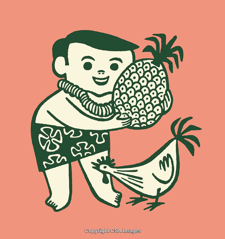 Cartoon Boy Holding Pineapple with Chicken on Coral Background