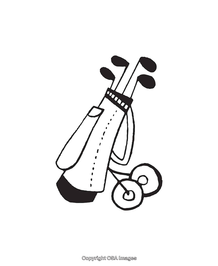 Black and White Line Art of Golf Bag with Clubs