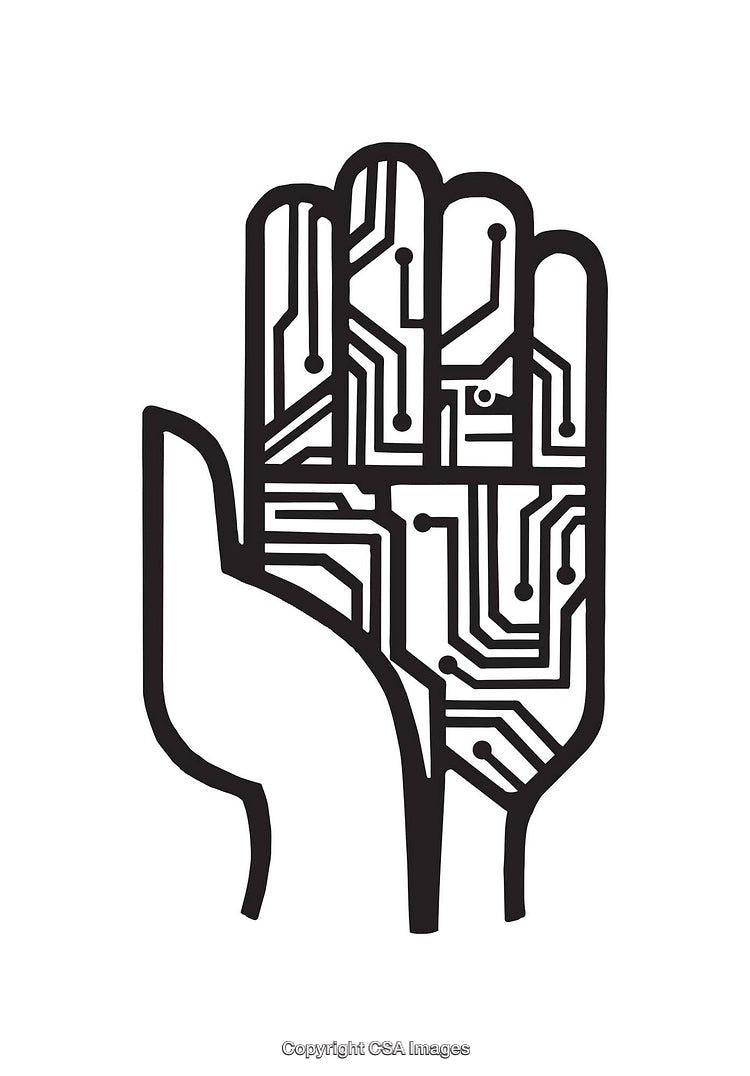 Black And White Illustration of a Hand with Circuit-Like Patterns
