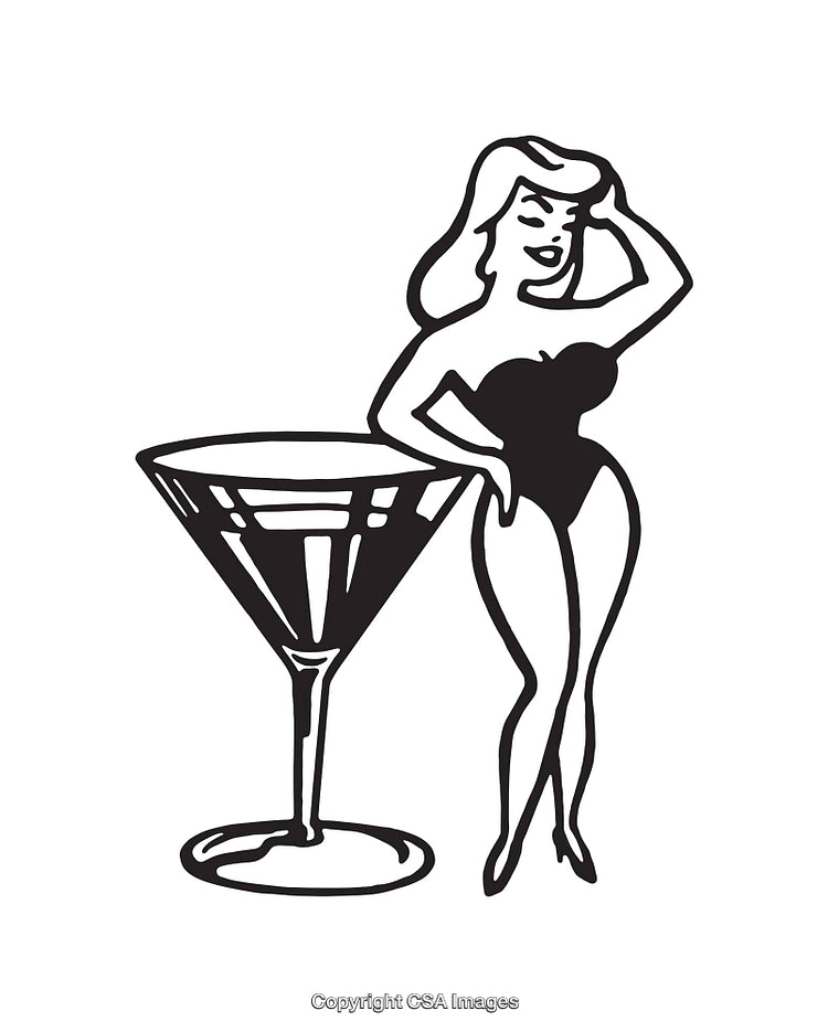 Retro Black and White Woman with Cocktail Glass Illustration