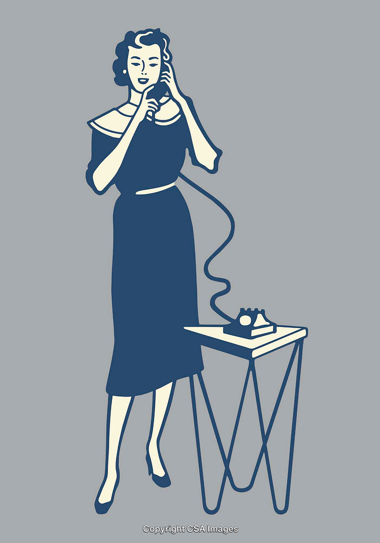 Retro Line Art Illustration of Woman in Conversation with Corded Phone