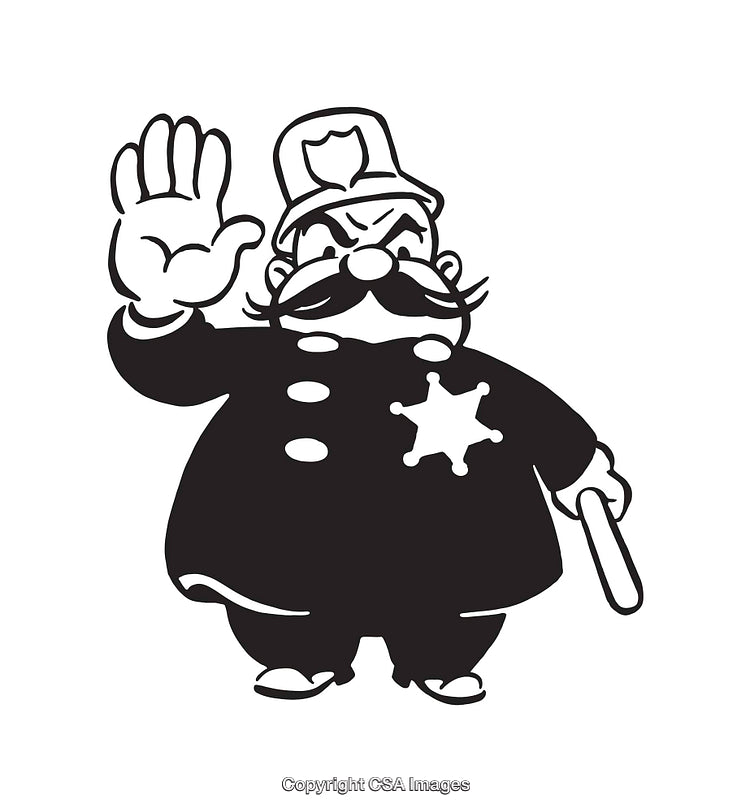 Vintage Black And White Cartoon Policeman Illustration on White Background