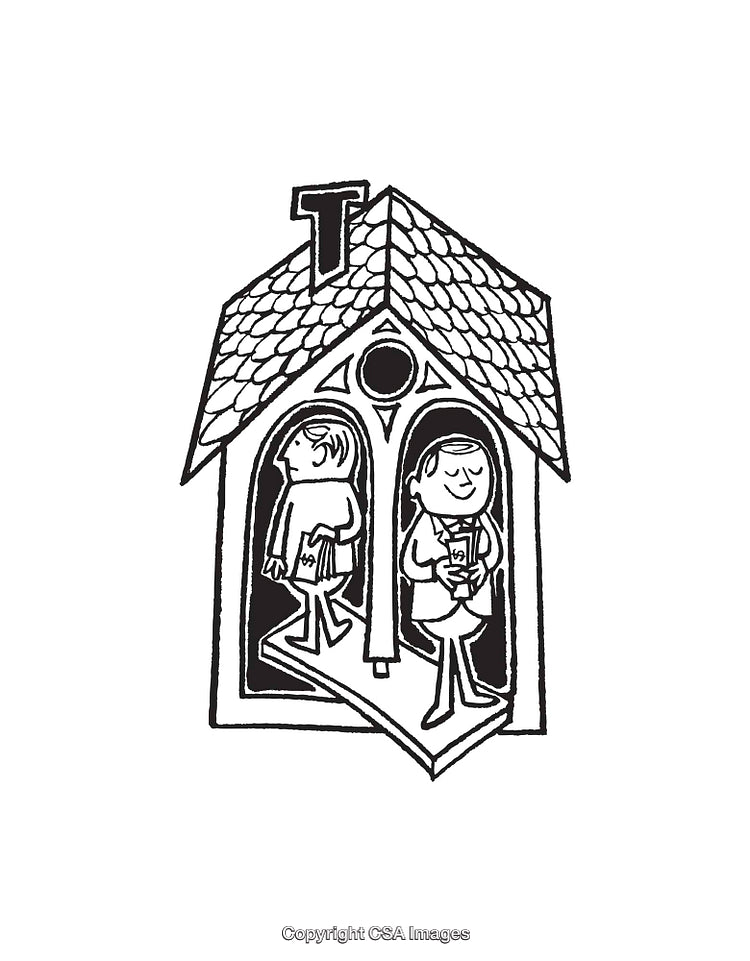 Black and White Line Art of Children Entering a Building
