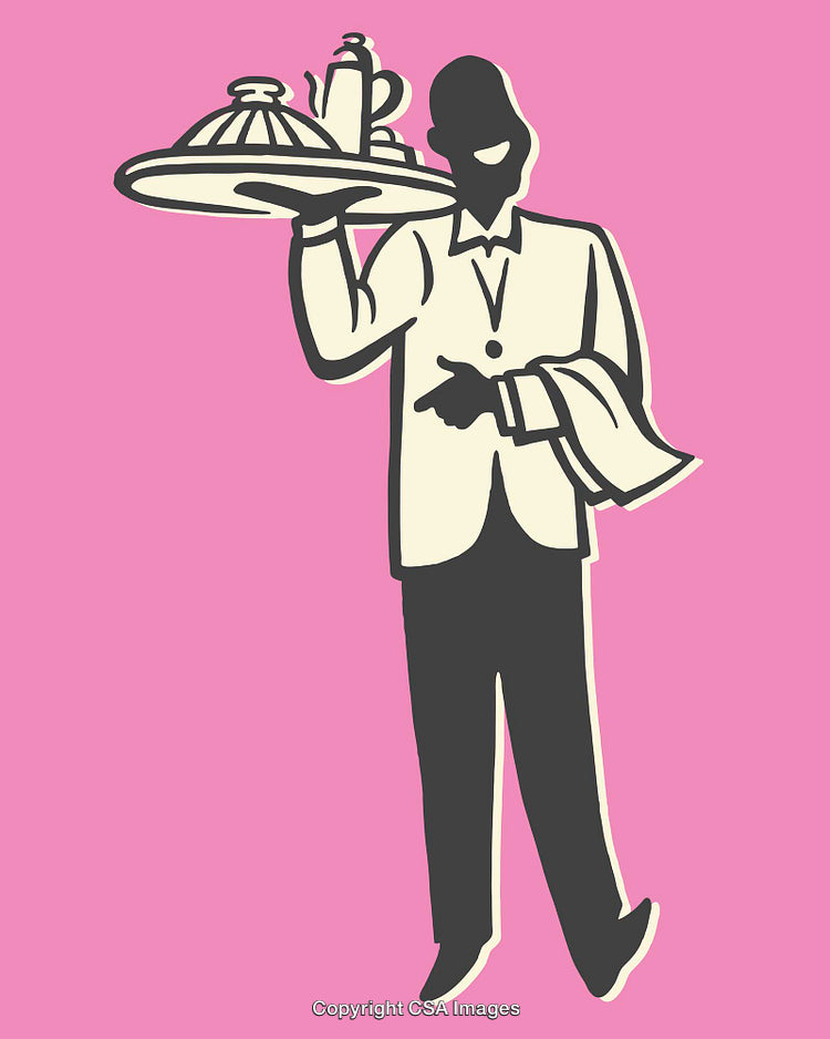 Graphic Illustration of Waiter Holding Platter in Bold Artistic Style