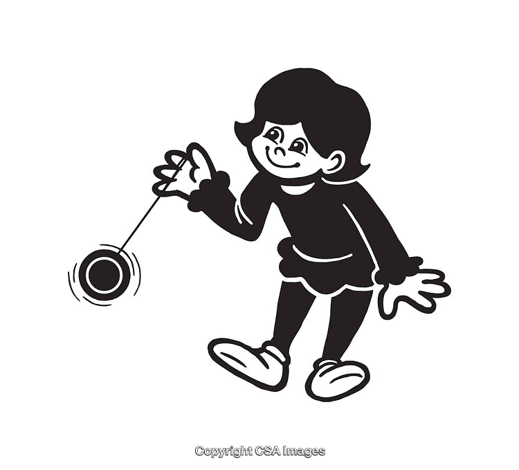 Black and White Illustration of a Girl Playing with a Yo-Yo