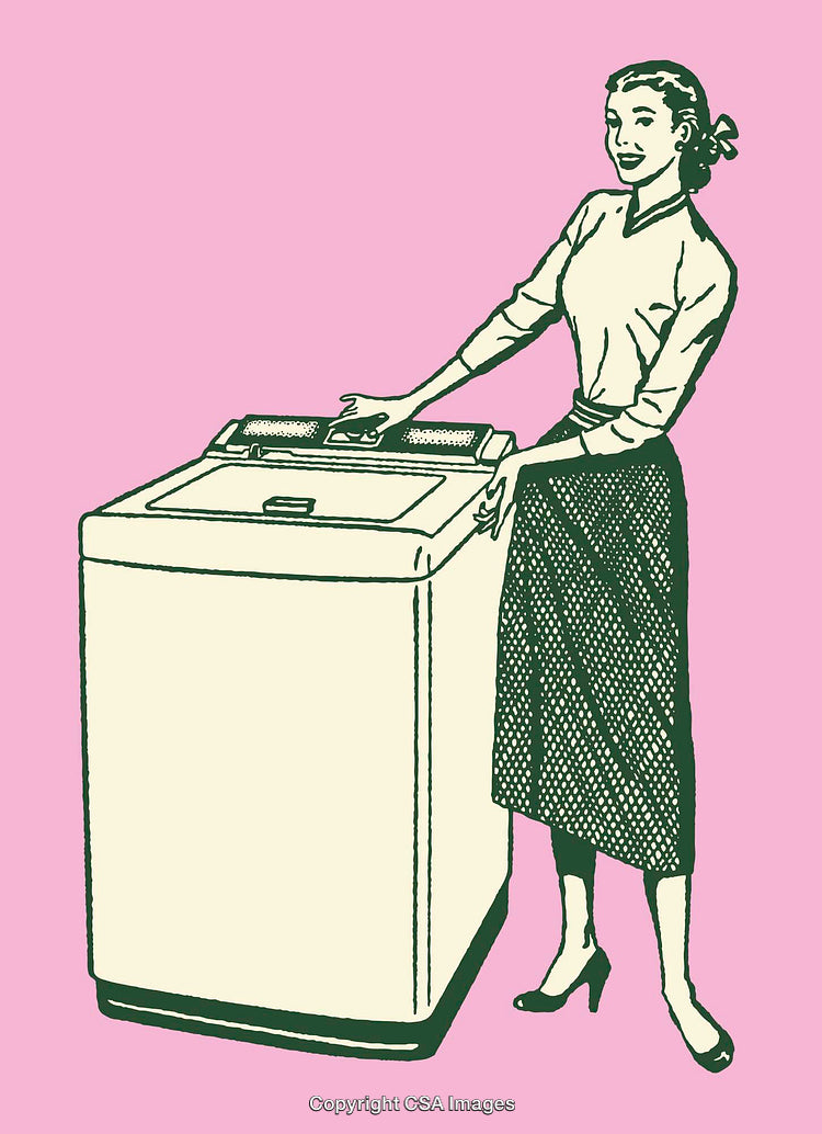 Retro Style Illustration of a Woman Operating a Home Washing Machine