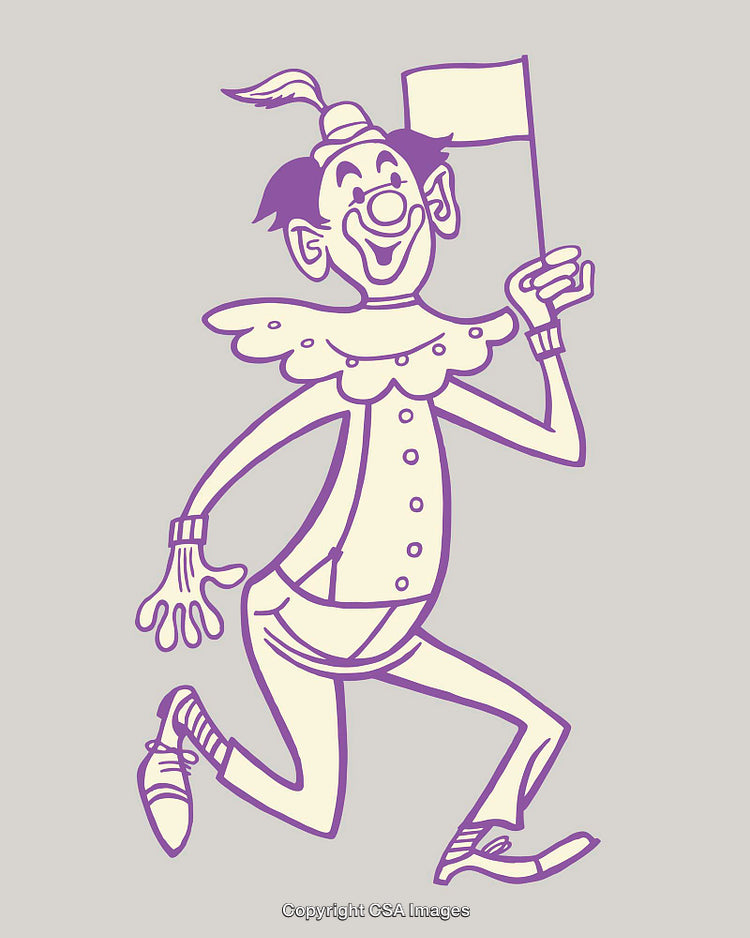 Colorful Line Art Illustration of a Cheerful Clown Holding a Flag