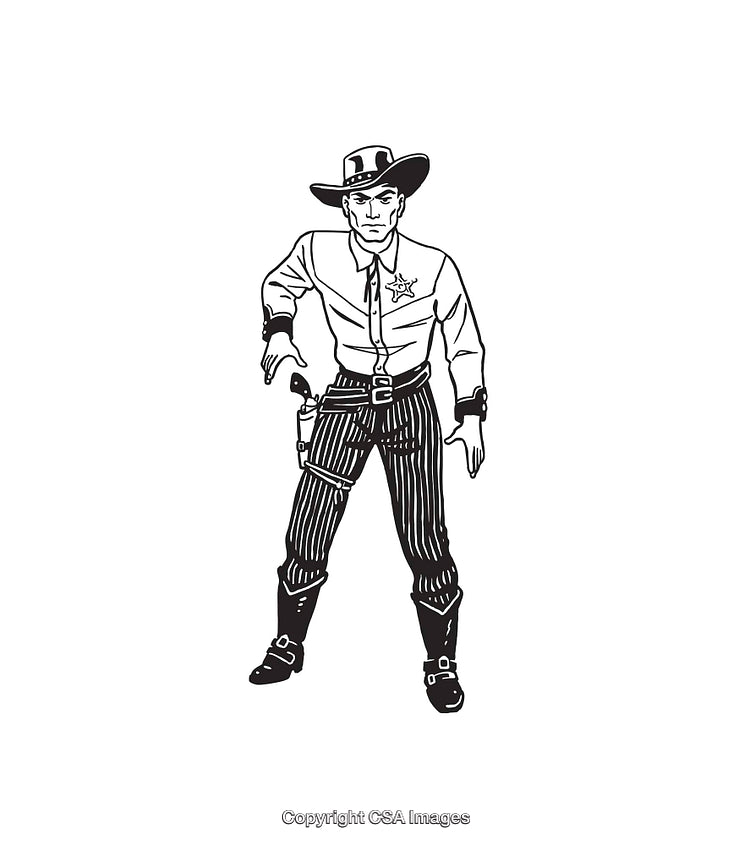 Black and White Line Art of a Western Sheriff Character