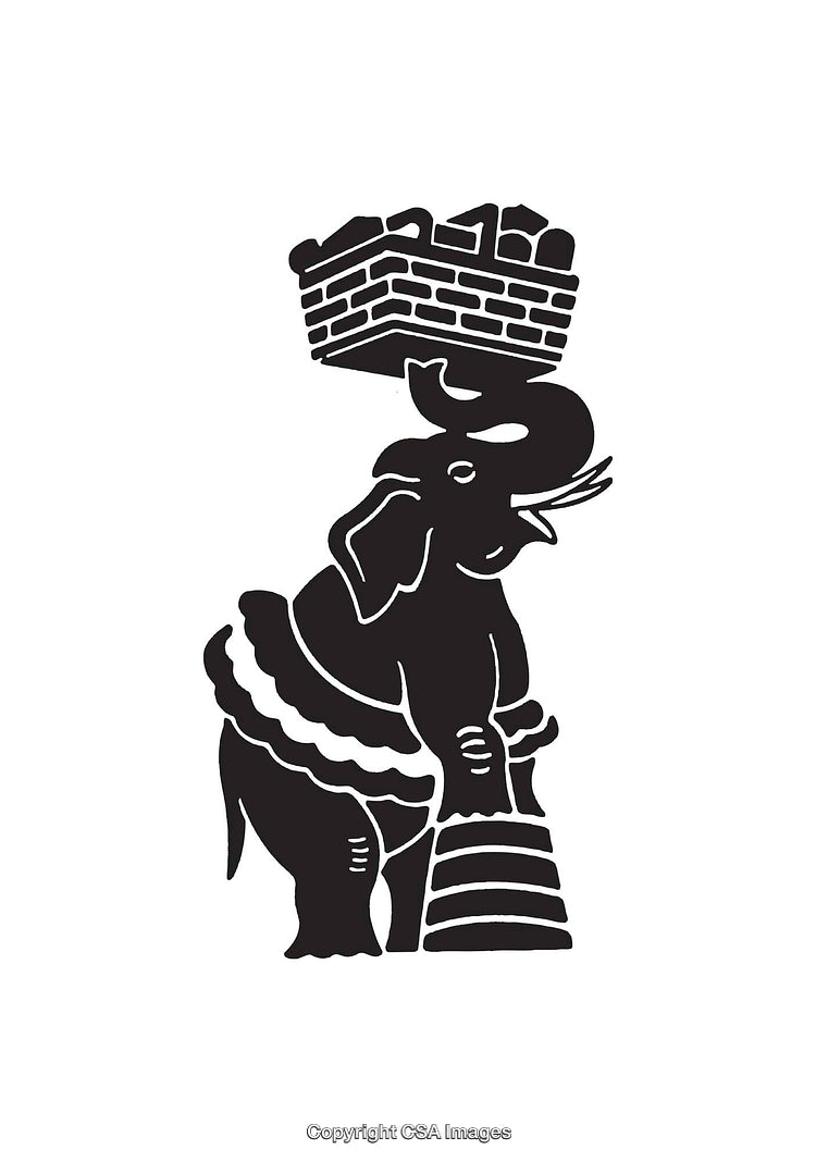 Black and White Decorative Elephant and Brick Crown Illustration