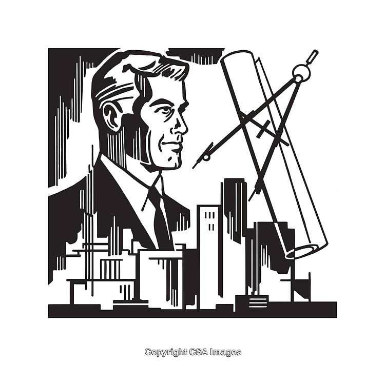 Architect Portrait With City and Drafting Tools in Black and White