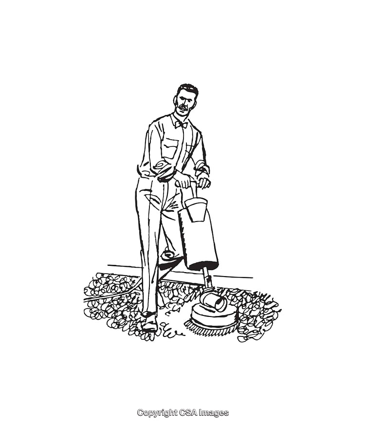 Black and White Line Art of Man Using a Floor Buffer