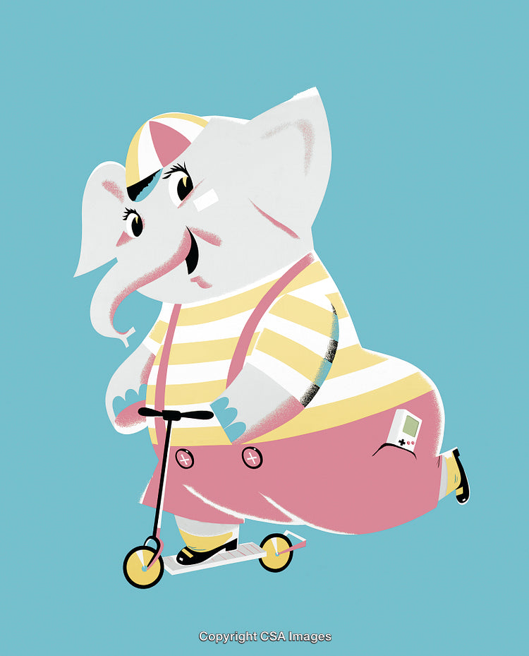 Cheerful Elephant Character Riding a Scooter in Colorful Illustration