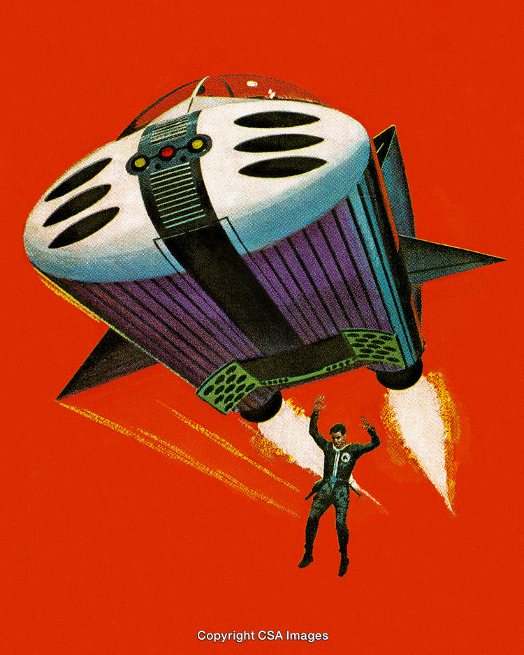 Futuristic Spaceship and Escaping Figure Against a Bold Orange Backdrop