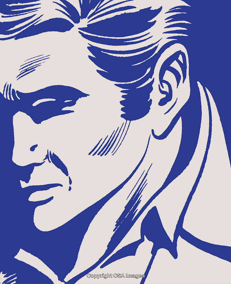 Stylized Blue and White Illustration of a Man in Thoughtful Expression
