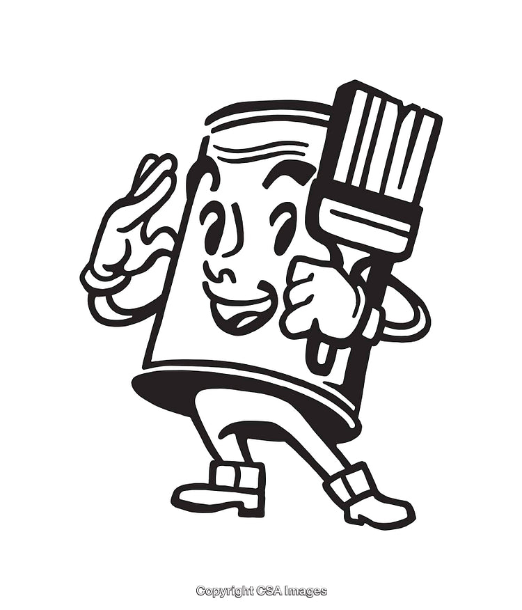 Cartoon Paint Can Holding a Brush in Black and White Illustration