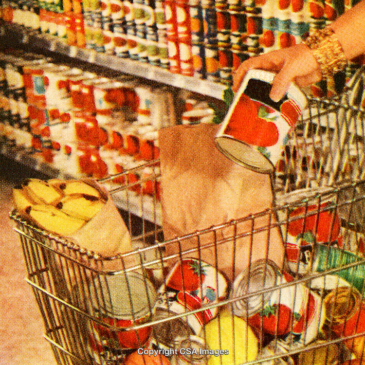 Shopping Cart With Groceries and Canned Goods in Retro Print Style