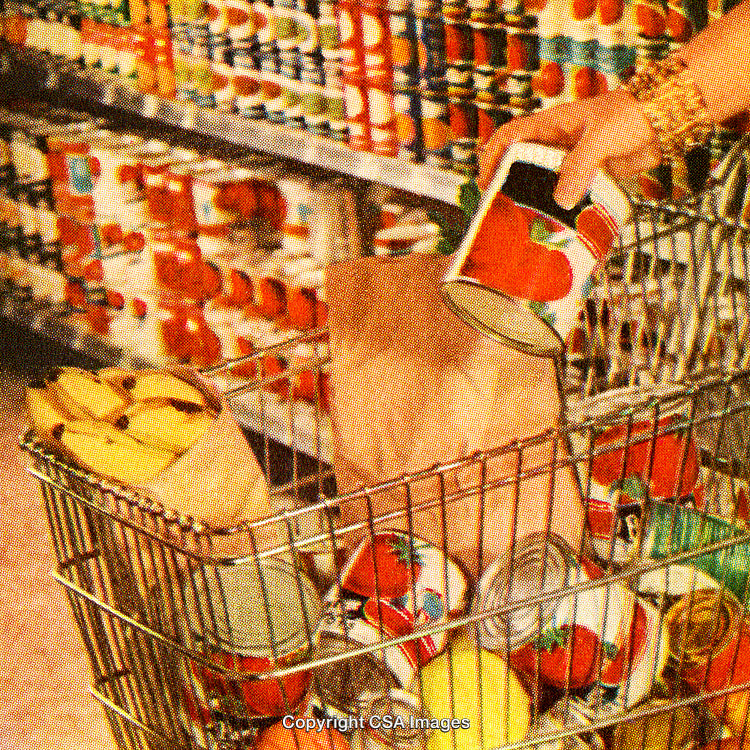 Shopping Cart With Groceries and Canned Goods in Retro Print Style