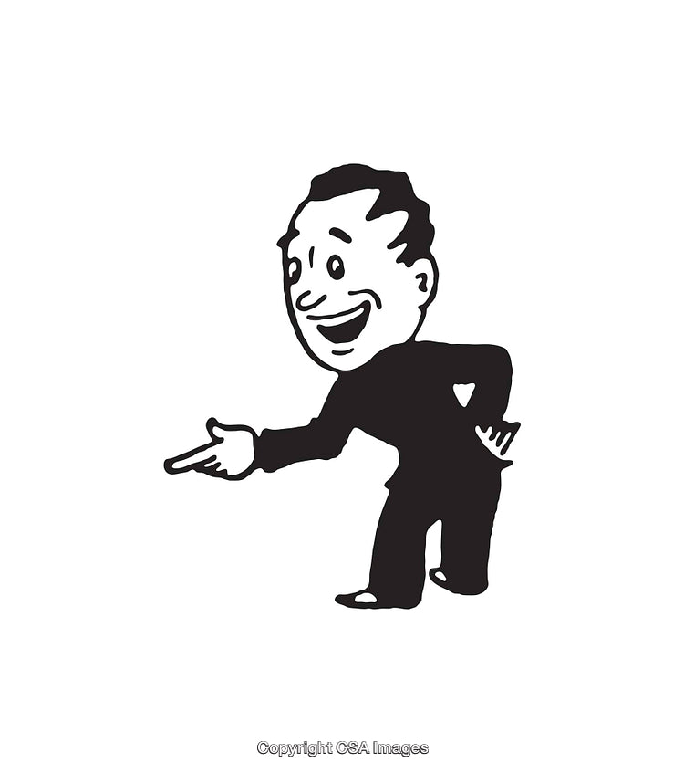 Retro Style Black and White Line Art of a Cheerful Man Gesturing