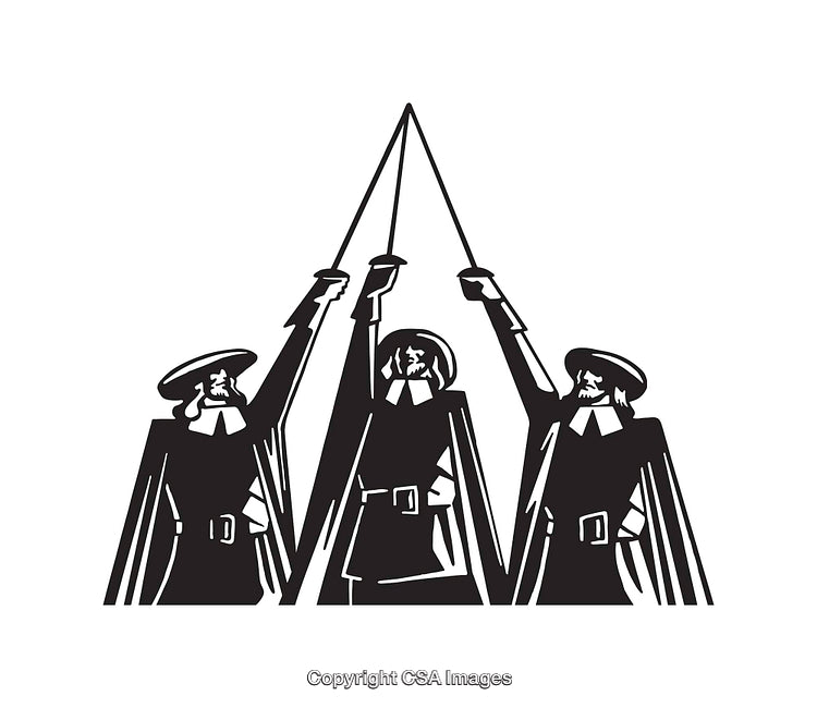 Epic Line Art of Historical Figures Raising Swords in Unison