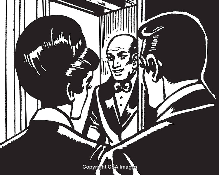 Vintage Black-and-White Scene of Dialogue at a Door