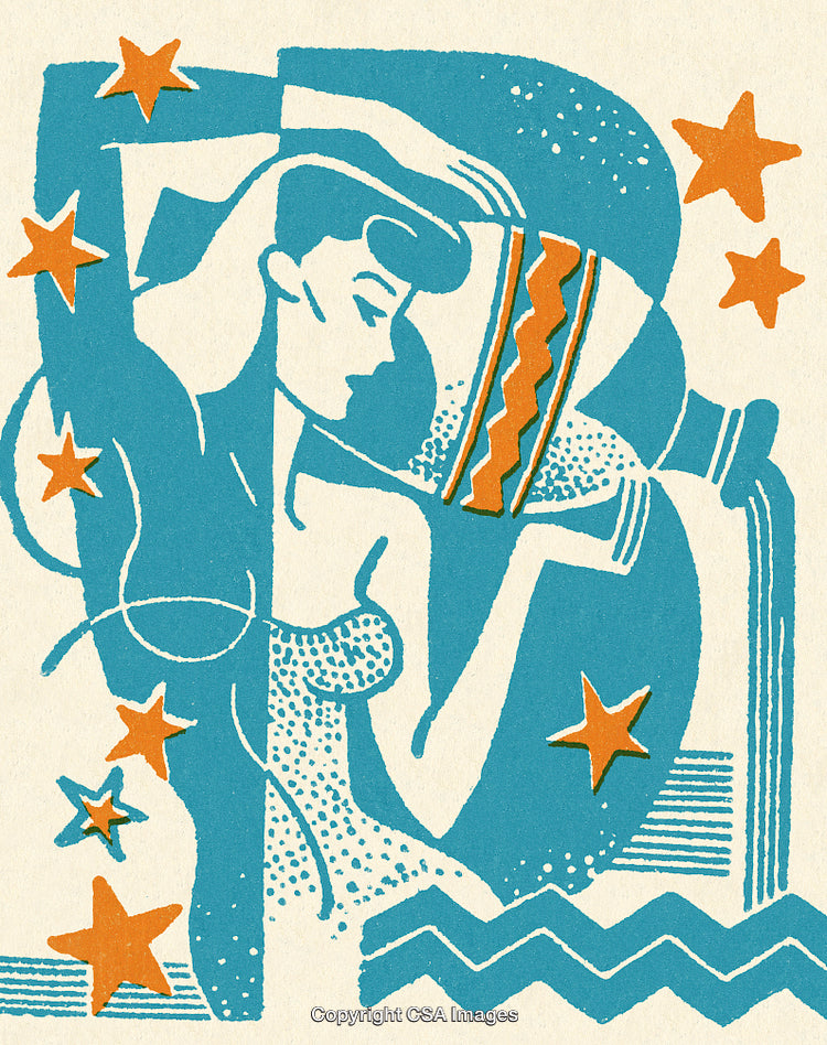 Vintage Style Illustration of Aquarius Zodiac Sign With Stars and Waves