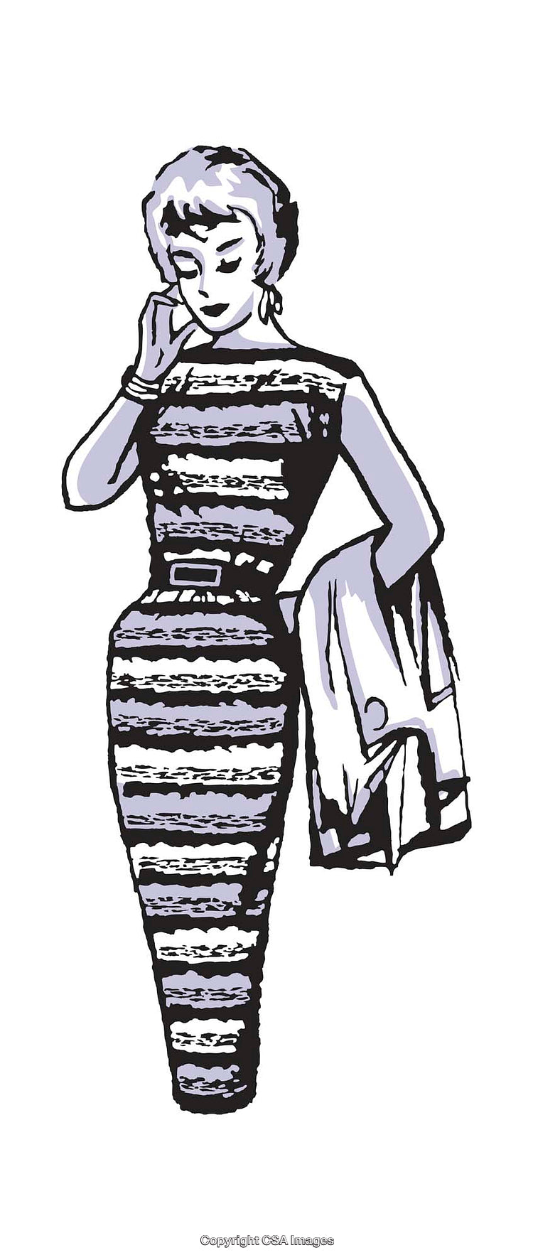 Vintage Black and White Illustration of a Stylish Woman in a Striped Dress