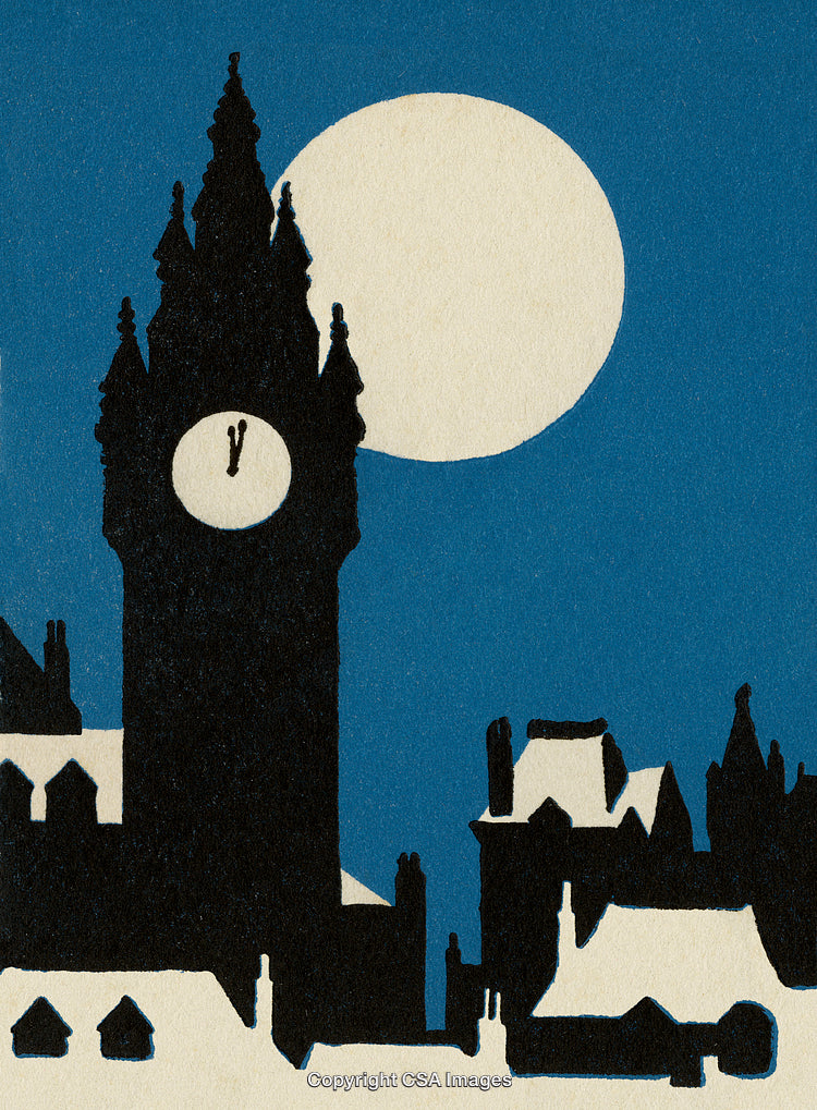 Silhouette of Clock Tower Against Full Moon on a Clear Night
