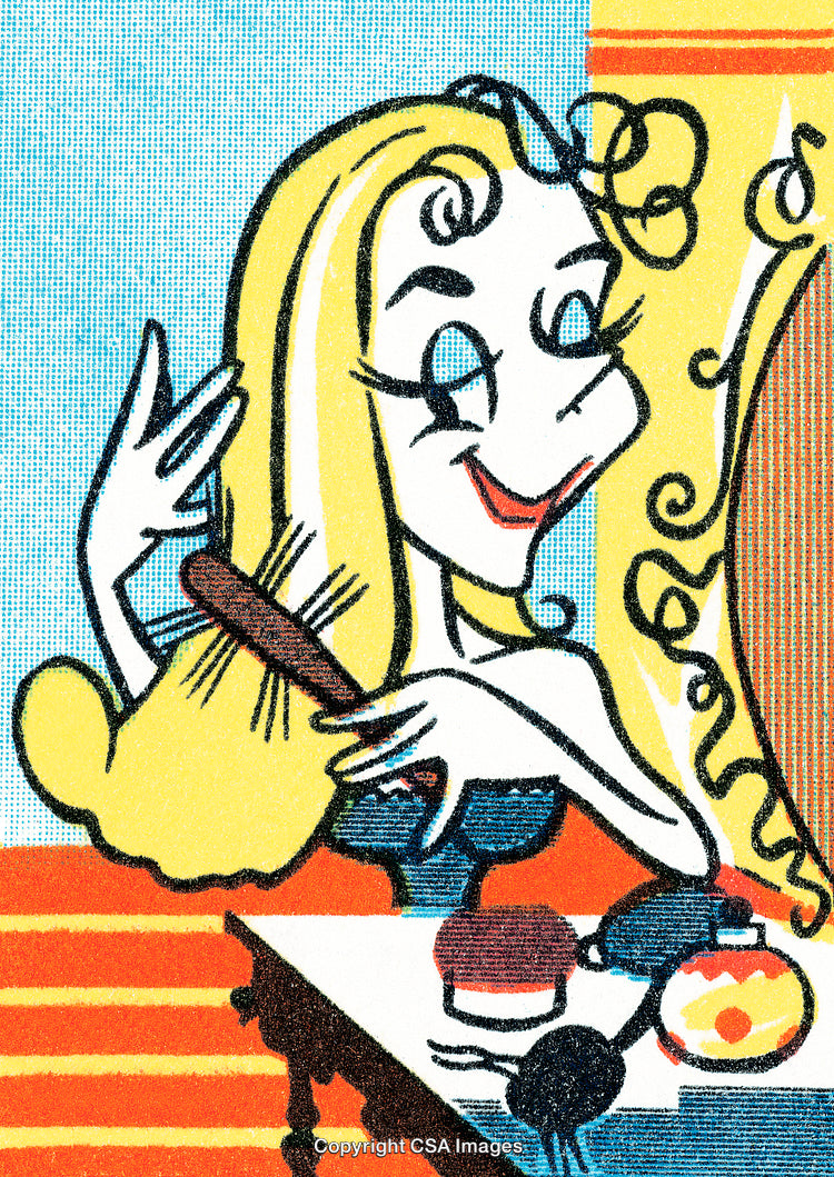 Vintage Illustration of a Woman Grooming with a Brush and Cosmetics on Vanity
