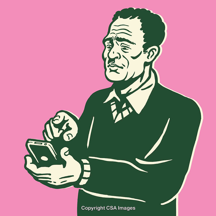 Illustration of a Man Holding a Smartphone on a Pink Background